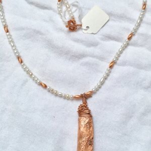 Copper, Electroformed pea pod, freshwater pearls, copper