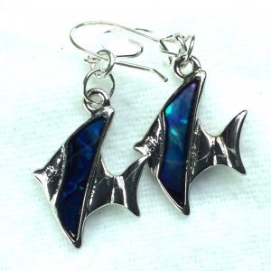 Blue green abalone shell angel fish silver plate, sterling silver