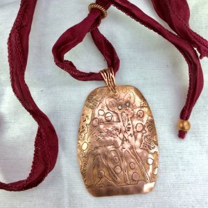 Copper etched deer, cubic zircon, silk