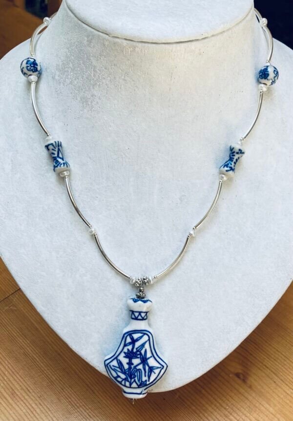 Handcrafted, blue & white chinese porcelain, Freshwater pearl sterling silver