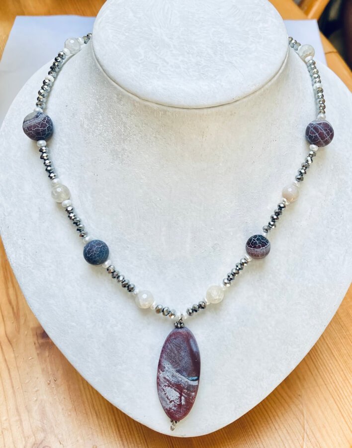 Snake agate, (mexico), chinese crystal, sterling silver