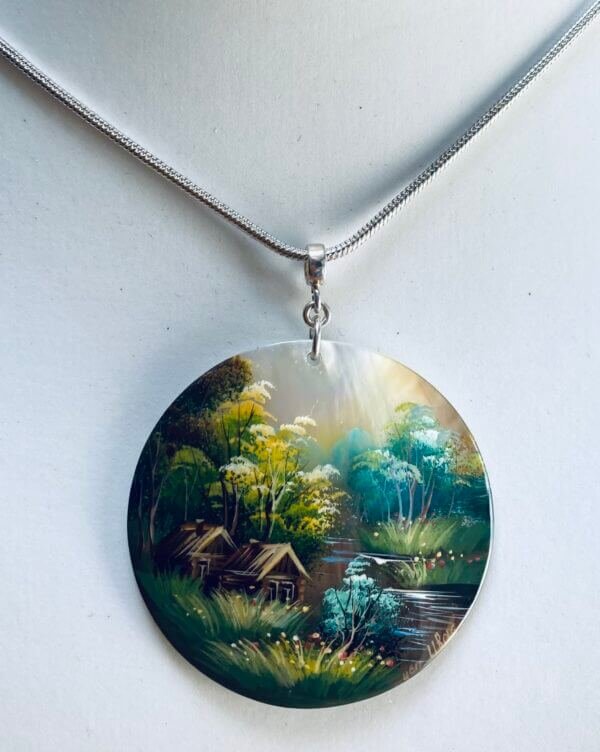 Hand painted scene on shell, 20" sterling silver chain